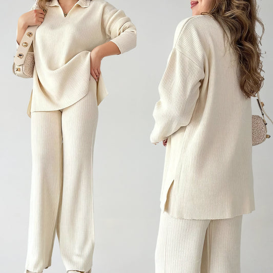 Fela | Casualowy Zestaw Dwuczęściowy z Dekoltem w Serek i Rozcięciem