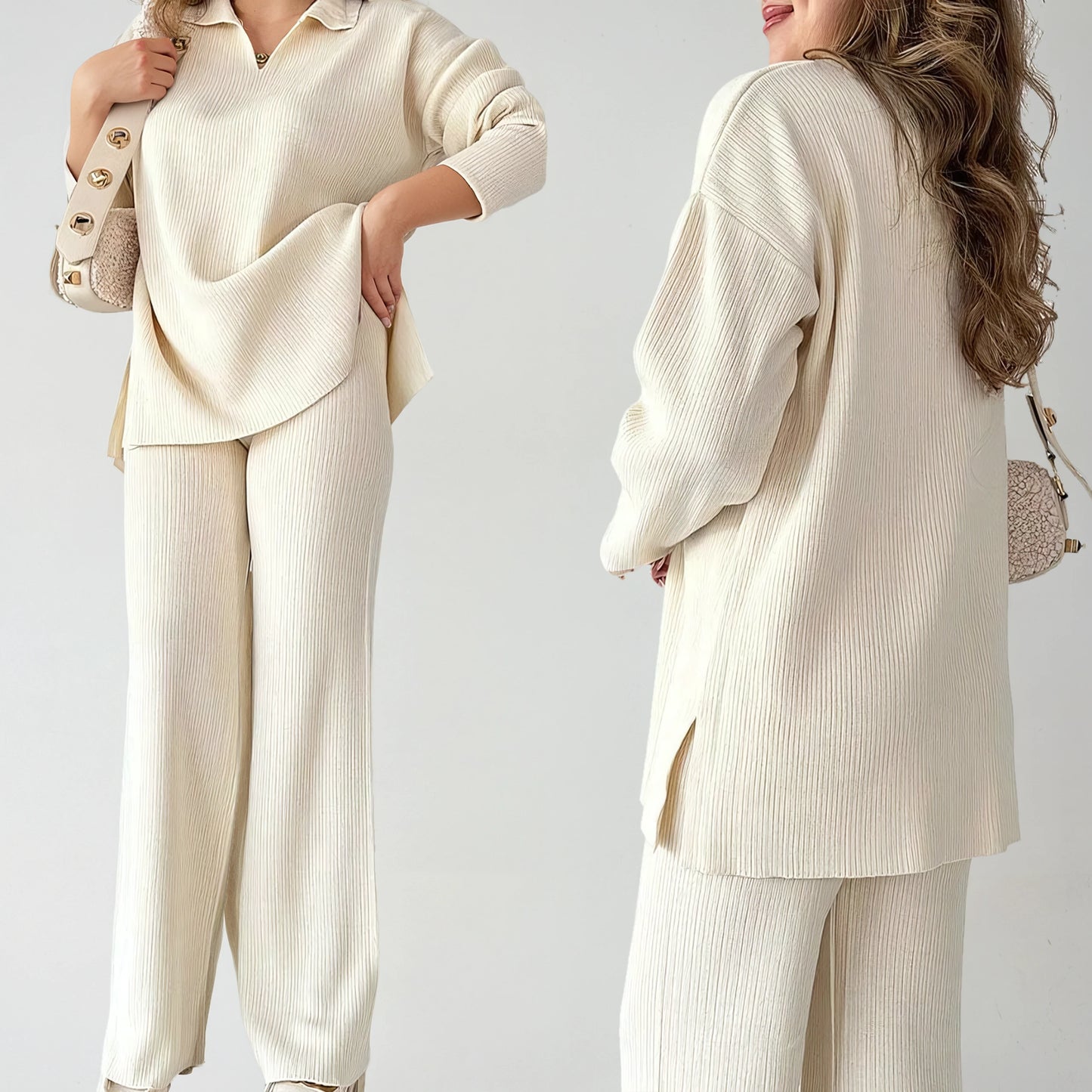 Fela | Casualowy Zestaw Dwuczęściowy z Dekoltem w Serek i Rozcięciem