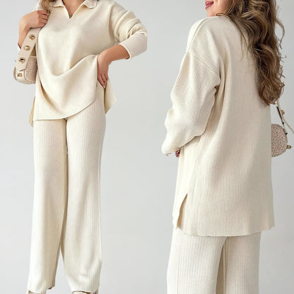 Fela | Casualowy Zestaw Dwuczęściowy z Dekoltem w Serek i Rozcięciem