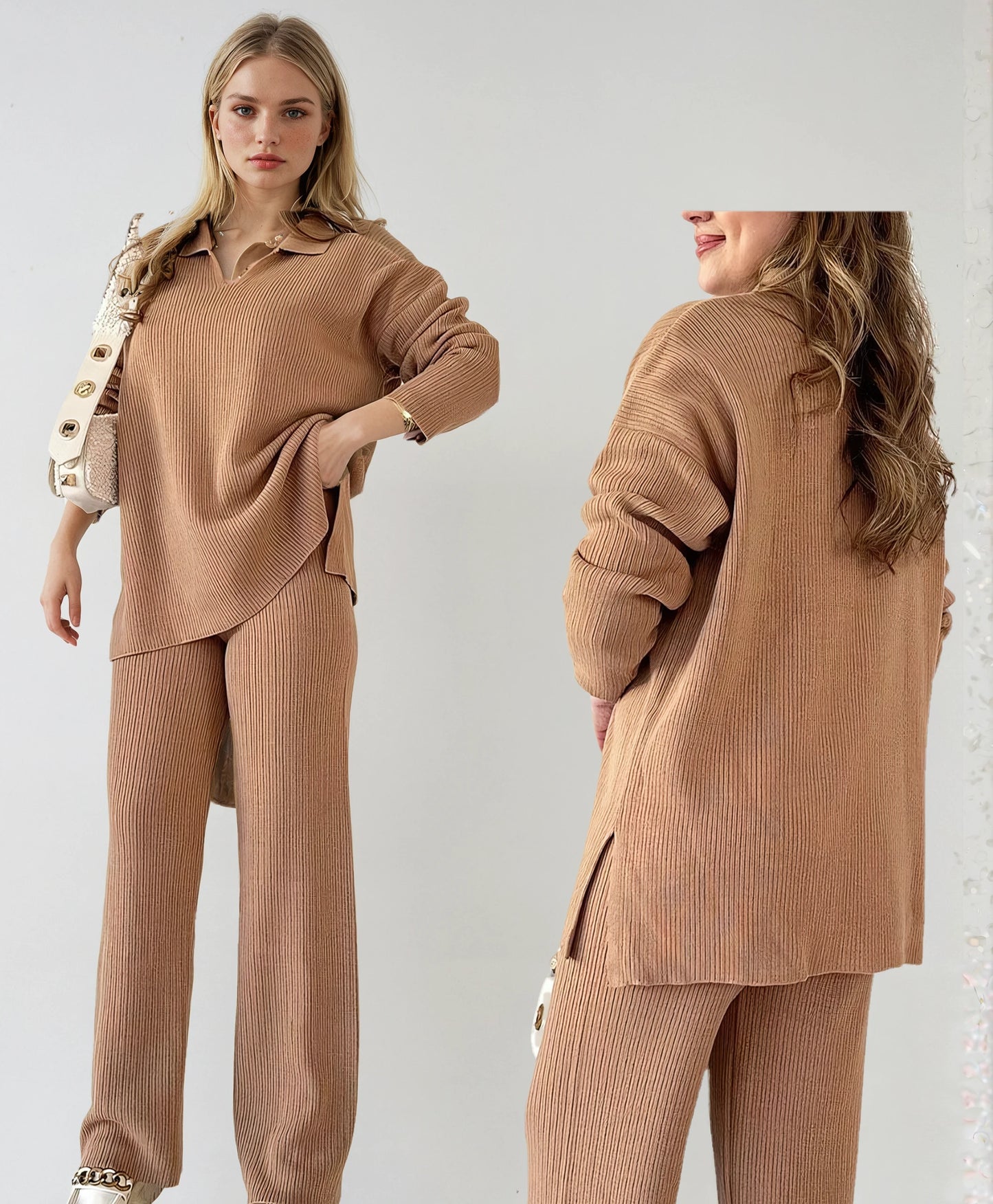 Fela | Casualowy Zestaw Dwuczęściowy z Dekoltem w Serek i Rozcięciem