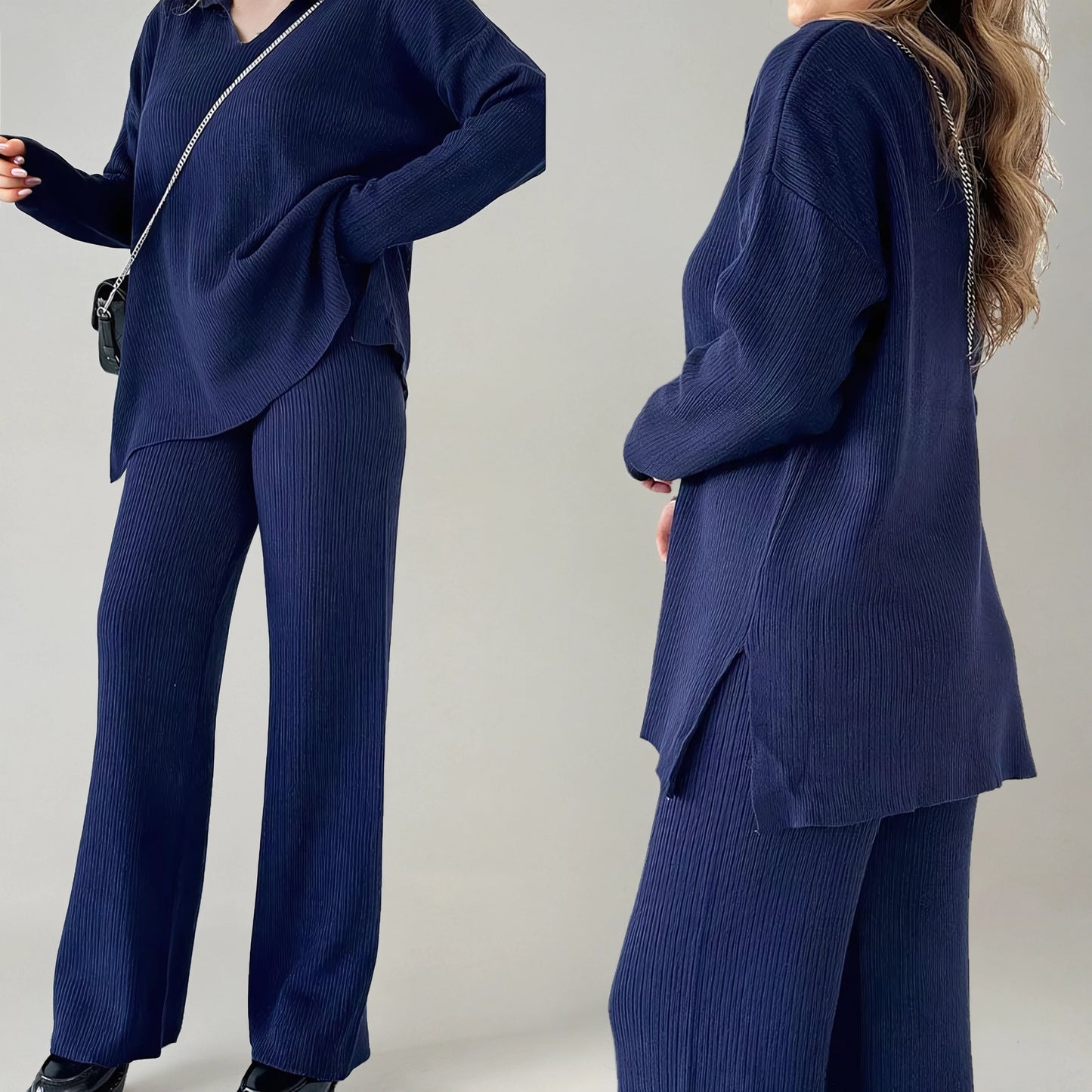 Fela | Casualowy Zestaw Dwuczęściowy z Dekoltem w Serek i Rozcięciem