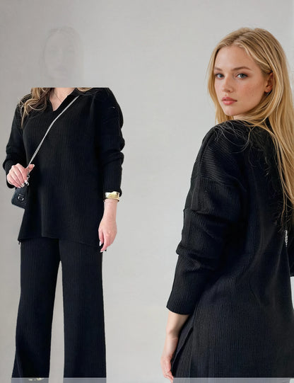 Fela | Casualowy Zestaw Dwuczęściowy z Dekoltem w Serek i Rozcięciem